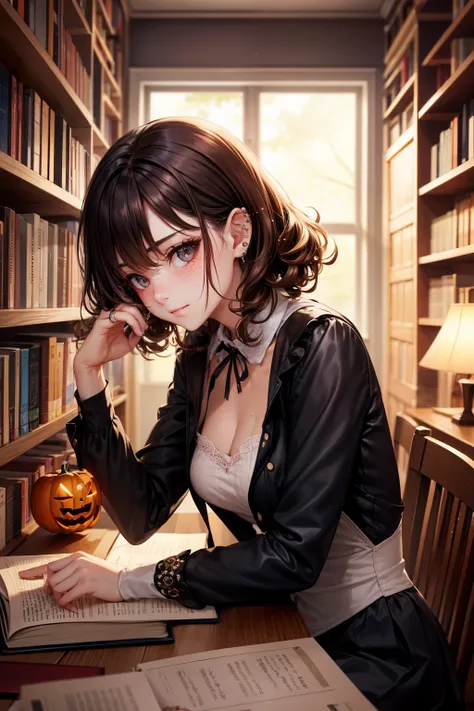 realisitic、top-quality、1 girl、18year old、brown Hair, curly hair、piercings、Shy face、Halloween、fancy dress、freckle , beautiful 、study、library、Particles of light、profetional lighting