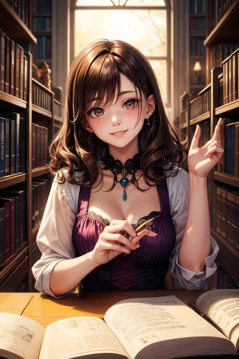 realisitic、top-quality、1 girl、18year old、brown Hair, curly hair、long hair, brown eyes , smile、Shy face、Halloween、fancy dress、freckle , beautiful 、study、library、Particles of light、profetional lighting