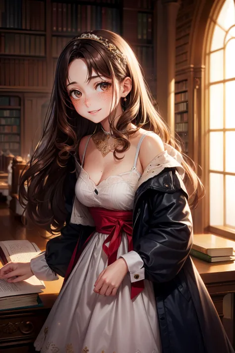 realisitic、top-quality、1 girl、18year old、brown Hair, curly hair、long hair, brown eyes , smile、Shy face、(((freckle)))、fancy dress、freckle , beautiful 、study、library、Particles of light、profetional lighting