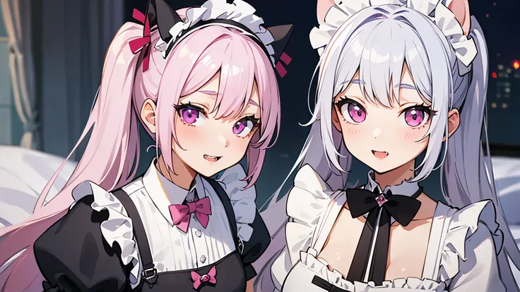 two girls, very beautiful face, beautiful eyes, detailed eyes, detailed face, detailed hair, masterpiece, anime girl, pink eyes, silver hair, , kawaii, two pony tails, very young, big , pixiv, illustration, very high quality, masterpiece, vampire teeth, fa...