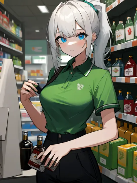 (masterpiece, best quality, absurdres, very detailed eyes), 1girl, solo, solofocus, medium breasts, white hair, long hair, blue eyes, bangs, closeup, teenager, cyberpunk, green polo shirt, black pants, convenience store, item shelves, counter, register, ca...