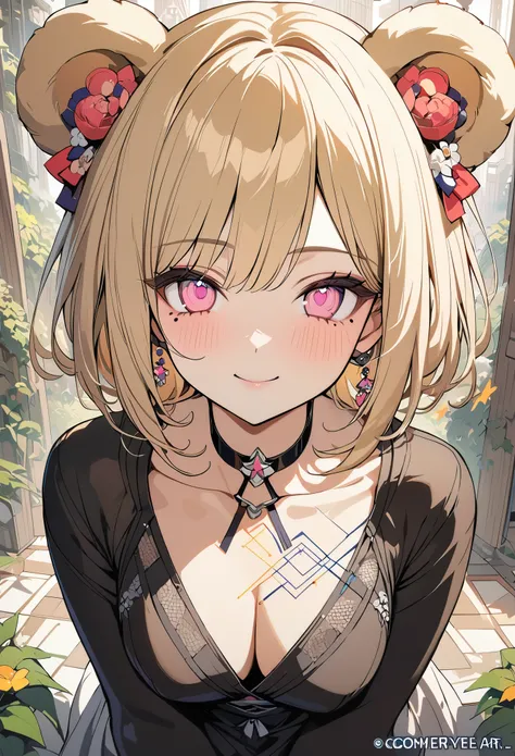 1 girl, blonde bob hair, heart shaped eyes, bear ears,whole body, {girl with blonde bob hair named nao}, (Pink eye color), (smile), bright background , mole under eye, Star-shaped choker, (masterpiece, highest quality), very detailed, highest quality, offi...