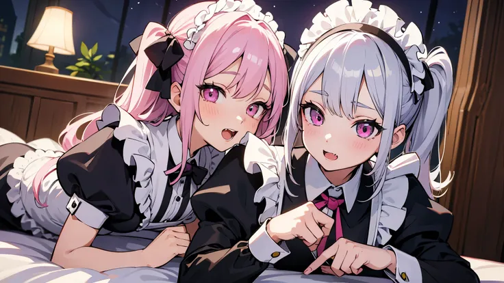 two girls, very beautiful face, beautiful eyes, detailed eyes, detailed face, detailed hair, masterpiece, anime girl, pink eyes, silver hair, , kawaii, two pony tails, very young, big , pixiv, illustration, very high quality, masterpiece, vampire teeth, fa...