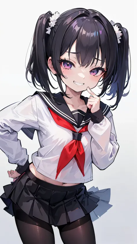 (8K、Highest image quality、highest quality、masterpiece)、detailed face、((one loli))、black hair、short twintails、gray eyes、evil smile、((grin))、small breasts、((serafuku))、((micro miniskirt))、((black pantyhose))、cowboy shot、((bent over))、put your hands on your h...