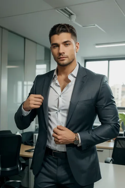 crie uma imagem de Giovanni Krause Bianchi usando roupa de trabalho. Ele tem cabelo loiro sedoso, olhos verdes brilhantes e uma altura de 1,87m com 98kg. Giovanni is muscular and has an athletic body and is wearing an elegant black suit., uma camisa branca...