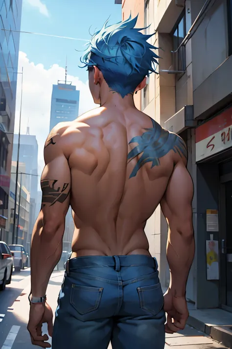 shirtless young man with blue hair on his back looking at a city he is 16 years old