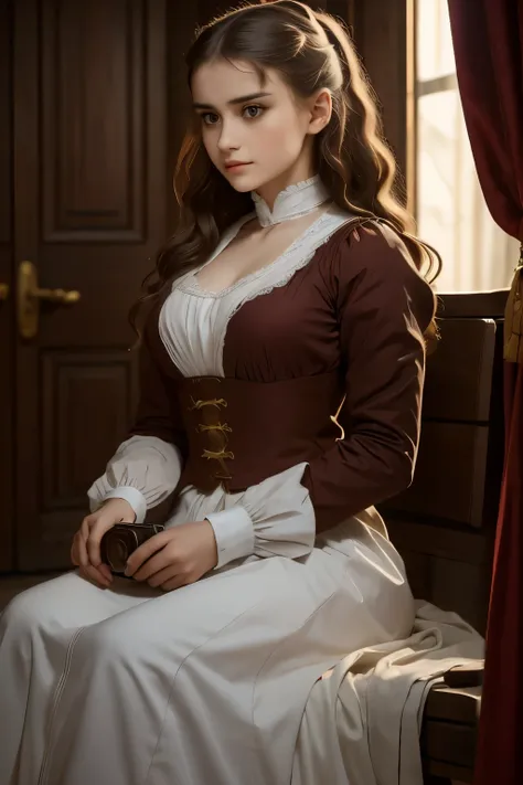 raw photo. Anna Karenina 22 years old, dressed in period clothing, Russia, 19th century AD, perspective, half body detail, sharp focus, slight blending, detail, feeling like its medieval, (high skin detail: 1,2), 8k uhd, dslr, soft light, high quality, Fuj...