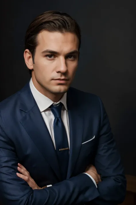 (maximum quality), foto de perfil de Giovanni Krause Bianchi para o Linkedin, wearing a navy blue suit and with a serious face.