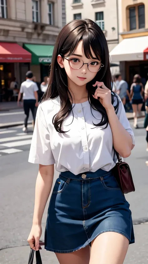 cute girl in glasses with hair over her left shoulder - short blouse and mini skirt in the city square outdoors