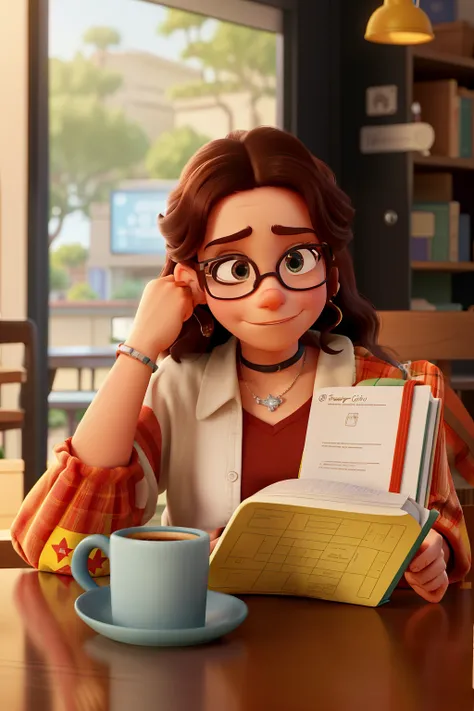 Reproduza a imagem no formato Disney pixar, de uma mulher sobre a mesa de uma cafeteria, with your face resting on your hand, e o cotovelo apoiado na mesa, with a facial expression of discontent while looking at a book and having a coffee on the table. She...