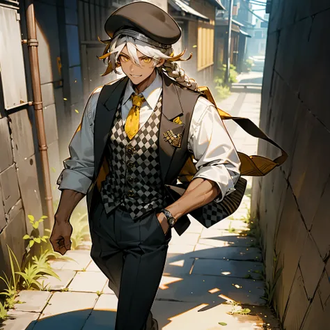 1male, young teen, tan skin, finely detailed yellow eyes, black dreadlocks, Black and White Checkered beret cap, dress shirt with rolled up sleeves, suit vest, loose baggy pants, confident grin, serious, fishing town, walking down alleyway, muscular