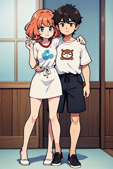 girl with short hair and white tshirt and a boy with long curly hair hug each other like friends and both look straight to the camera full body