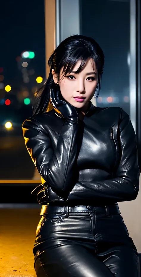 black leather rider jacket, office in the dark, Fingertips of black leather gloves on both hands,wearing black leather gloves,sitting in a black leather chair、 Japanese female new employee (black leather gloves cover both hands) (The angle is horizontal)、b...