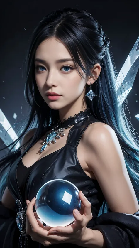 （and soul）、（secondary mysterious、Pisces、1 girl、blue hair、hair length、((French Twist))、blue eyes、gradient eyes、sparkling eyes、bright eyes、finely tuned、expressive eyes、blue clothes、gem、blue lighting、blue theme、（shape：1.5）、abstract、highest quality、HDR, Super ...