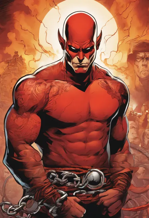 A detailed and vibrant Marvel Comic style drawing of a bald man with red full-body paint, full-face red face-paint, two horns, six-pack abs, and chains, burning background, smokey