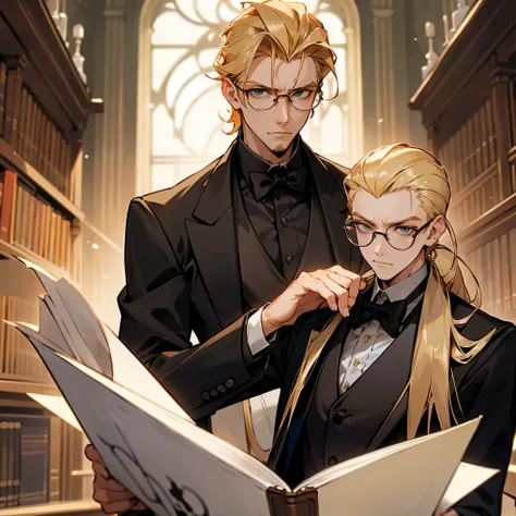 1male, Adult Male , Blonde Hair , Slickback Hair , Glasses , Serious Expression , Tuxedo , Library Background , Masterpiece Quality