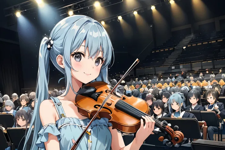 light blue long hair、girl with twin tails、black eyes、cute yellow long dress、On stage at the orchestra venue、Large orchestra hall、friends of the orchestra、packed audience、Bright venues、Lighting illuminates the girl、playing violin、smile