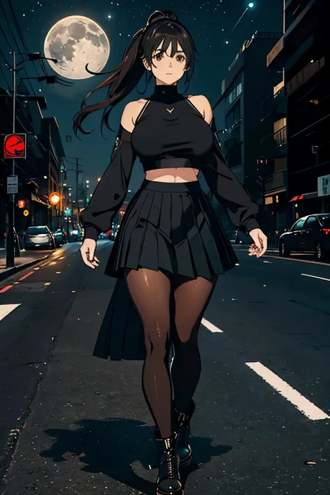 A girl with big breasts, wide hips, wearing leggings and a pleated skirt, high heels, a black sports top with long sleeves, long black hair tied in a ponytail, bright brown eyes, on a random street on a moonlit night, body photo whole,