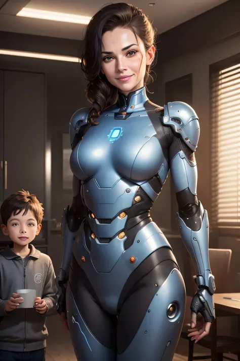 A middle-aged mother who has been turned into a robot　mechanical body　A grinning boy stands with her.　The background is the living room, scowl, jitome, UHD, retina, masterpiece, ccurate, anatomically correct, textured skin, super detail, high details, high...