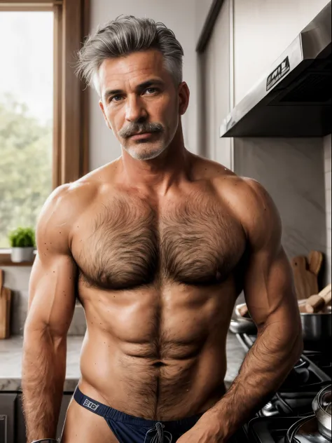 masterpiece, best quality, high resolution, closeup portrait, male focus, solo focus, A man, 50 years old, grey hair, in speedo, grey silver hair, messy hairstyle, cute and seductive face, bare chest, body hair, facial hair, roman nose, very skinny body, h...