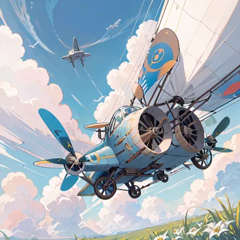 (((aboard a tiny, fantastical airplane of the future (no wheels)))), summer, wind, scratch, sun, meadows and fields, forest, on ...