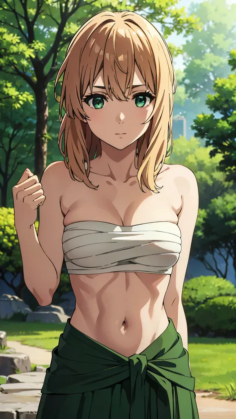 masterpiece, highres, solo, 8k, detailed, perfect face, best quality, (ultra high quality), (looking at viewers), (armpit), collarbone, bare arms, big breast, cleavage, blonde hair, long hair, green eyes, belly, stomach, navel, abs, sarashi chest, bandaged...