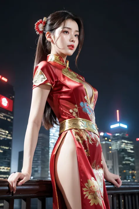 (best quality,ultra-detailed,realistic:1.37), digital illustration, ( woman wearing a chinese traditional costume), detailed eyes and face, beautiful detailed lips, red lips, sexy body, big breasts,long eyelashes, big breasts:1.5, (Close-up photo),  captai...