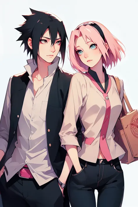 sasusaku. sasuke uchiha, a tall man with black hair, wearing a white blouse and jeans, is a high school student, with his hands ...