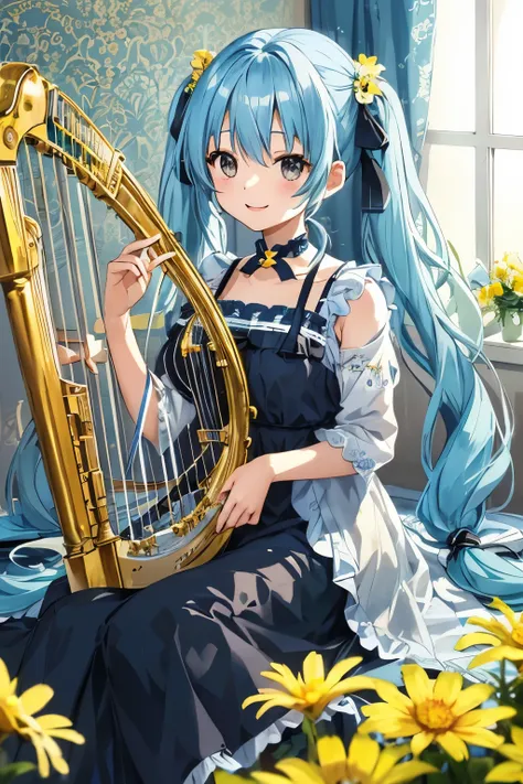 light blue long hair、girl with twin tails、black eyes、cute yellow long dress、A bright room decorated with flowers that let in the light、playing harp、smile