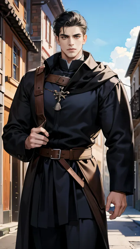 Middle aged man, Eyes looking to camera, Perfect male body, epic character, (handsome, Tall and strong, muscular,black hair,Frown, black coat,stand in medieval town),dramatic shadow, Ray Tracing,(masterpiece, high resolution, perfect eyes, ultra - detailed...