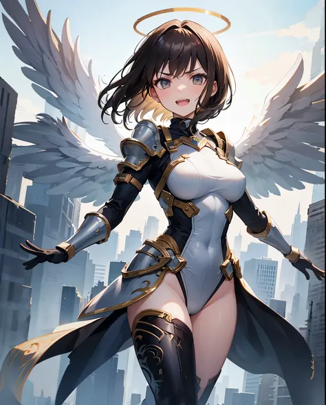 fantasy, 1angel_girl,(young_teen:1.5), ,brown_hair, medium_bob_hair, long_bangs, halo,bare_shoulder,thighhighs,silver_armor, waist_armor, large_breasts,angry,grinning,open_mouth_teeth, 1pair_wings, dynamic_pose_fighting,floating, bare_crotch, headgear,gaun...