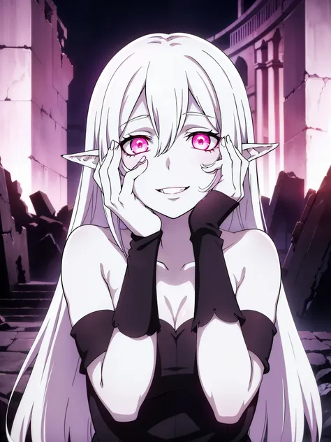 (1girl,20s,mature female),solo,white hair,long hair,((white skin,colored skin)),elf ears,naked,(night,ruins background),(smile,y...