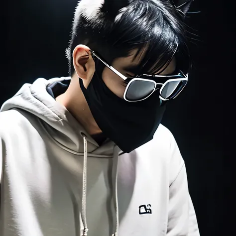 A Japanese male character with a slim body type, wearing a hoodie with unrealistic cat ears on the hood. The sunglasses are square and rimless, making the eyes not visible. Modify the mask to be black-based and represent a simple cat’s mouth design, enhanc...