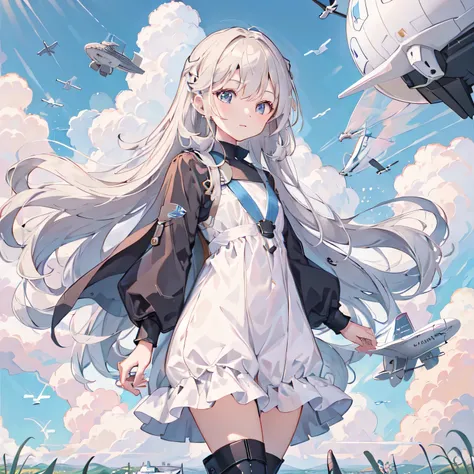 Perfect face and blonde hair、Wearing a light summer dress、A beautiful woman wearing black boots、 (((Flying in the sky on a small futuristic airplane )))、blue summer,、cloud、Wind、sun、 meadows and fields、