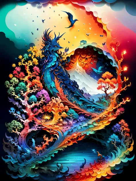 colorful, vibrant colors, dramatic lighting, surreal, fantasy, surrealism, dreamlike, intricate details, mystical creatures, eth...