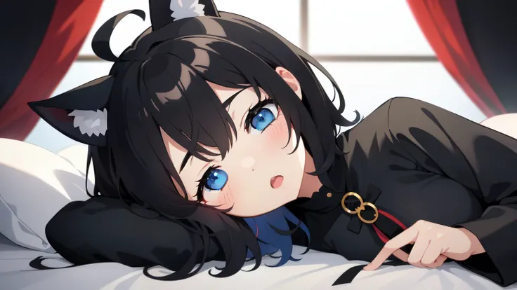 looking at the viewer, 1人のgirl, open your mouth, drunk face、girl、((highest quality, expensive_solve, clear_image)),(black hair), (black cat ears), (Ahoge), (ridiculously short hair), (wavy hair), (blue eyes)、very big breasts,wore a dress、background night r...