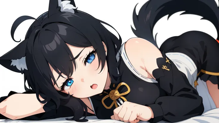 looking at the viewer, 1人のgirl, open your mouth, drunk face、girl、((highest quality, expensive_solve, clear_image)),(black hair), (black cat ears), (Ahoge), (ridiculously short hair), (wavy hair), (blue eyes)、very big breasts,wore a dress、background night r...