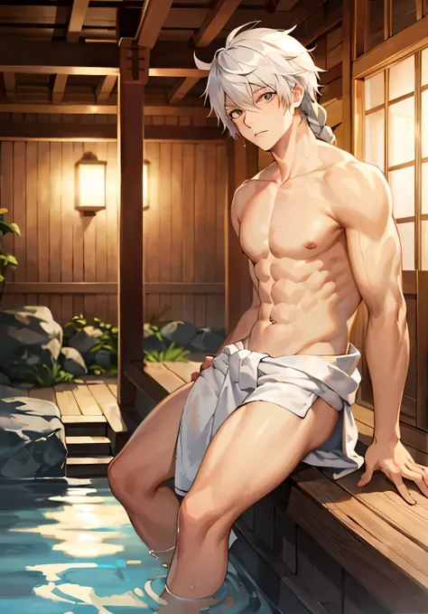 masterpiece, best quality, high quality, 1boy, male focus, full body, looking at viewer, white hair, japan style, anime coloring, shy, home muji style, detailed face, topless, white towel on waist, male, onsen, braid, braided hair
