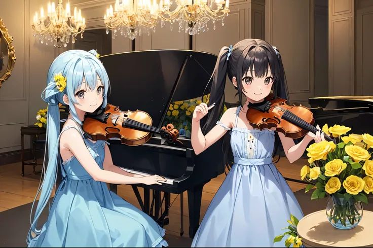 light blue long hair、two girls with twin tails、black eyes、cute yellow long dress、A bright room decorated with flowers that let in the light、1人はplaying piano、one person playing violin、smile