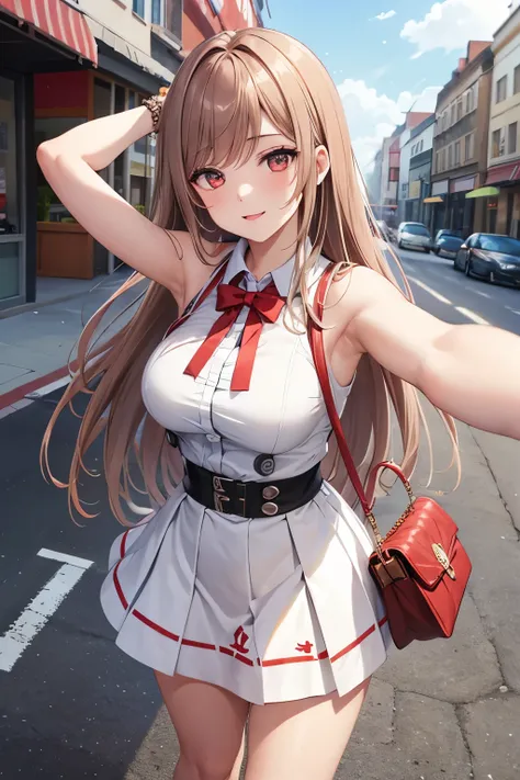 Game , goddess of victory nikke, Rapi , light brown hair,  alluring eyes ,beautiful face , crystal red eyes ,  long hair , sleeveless shirt ,armpits, white colour shirt, long skirt,selfie wind, 1 hand bag, cheerful eyes, ,g cup breast, slender waist, bewit...