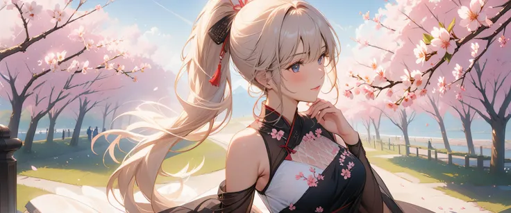 masterpiece, top quality, Super details, 8K, detail light, Detailed shadows, raw, (Delicate skin), (real: 1.2),, 1 girl, White ponytail, Black sexy transparent dress,Cherry blossoms