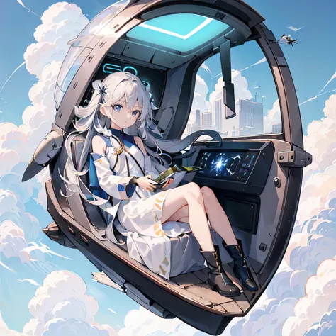 (((fly through the sky in a small futuristic vehicle))), blue sky、wind、sun、perfect features and long blonde hair、wearing a light...