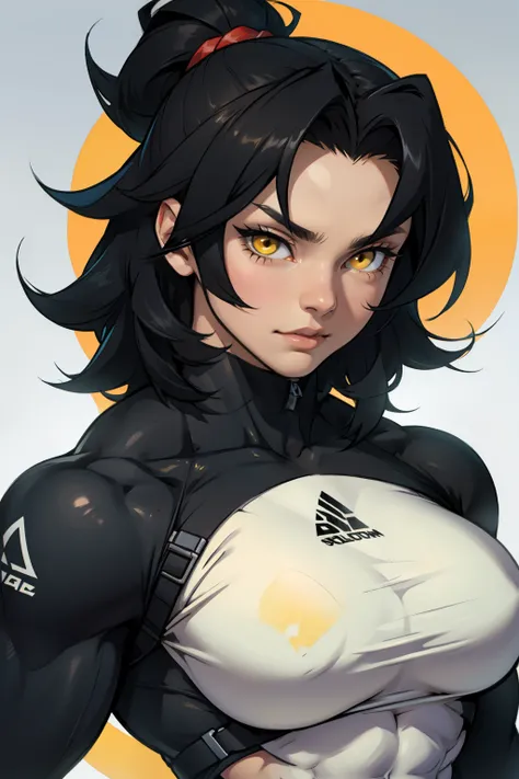 swole girl black hair yellow eyes