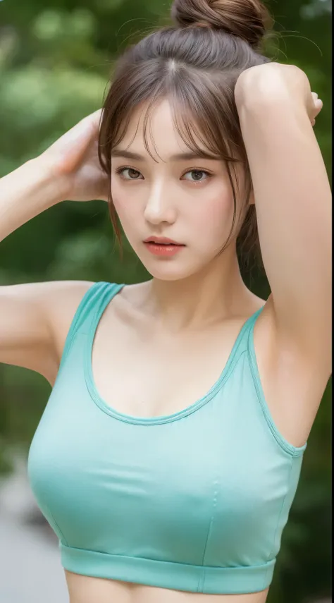 ((Best quality, 8k, Masterpiece :1.3)), 1girl, Pretty woman with emphasizing slender abs :1.3, (random hairstyles :1.2), Oversized tank top :1.2, Ultra-detailed face, Detailed eyes, Double eyelid, armpit