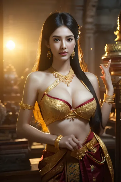 beautiful girl ,Thailand Female Warior, walking at thai temple, dynamic poses, chut thai dress, long hair,black eyes,abdominal muscles, plumpy body, rounded breast, (big breast:1.3), cleavage, Morning sunshine, Eyes on the audience, (sexy poses), ((face de...