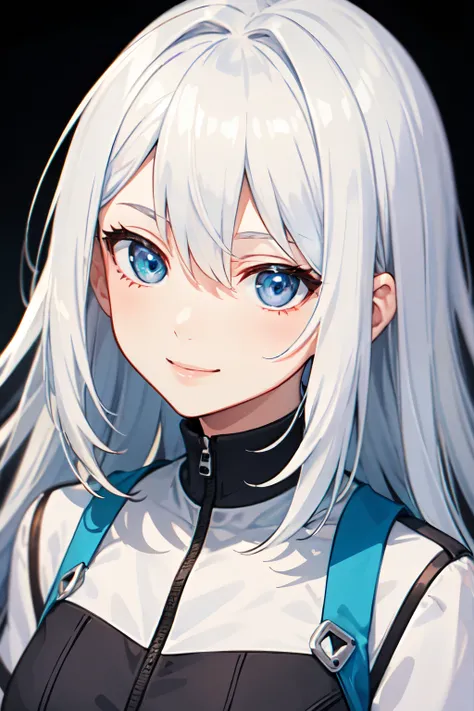 ((highest quality)), ((masterpiece)), (be familiar with), perfect face,anime,blue eyes,silver hair,researcher,cool woman,front,smile