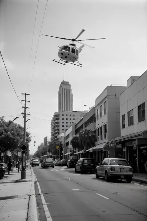 ((Best quality)), ((Meisterwerk)), (detailliert), Los Angeles, LAPD helicopter flying over the hood, 80s, palms, ghetto, black and white, view from street up to  the helicopter
