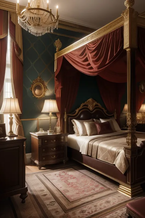 Picture a billionaires bedroom, meticulously designed with hyper-realistic details, exuding luxury and opulence. The room is bathed in soft, warm lighting, casting long shadows that playfully dance on the plush velvet wallpaper. The bed, an enormous four-p...