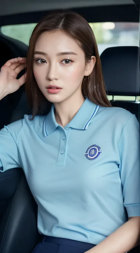 ((highest quality、8K、masterpiece:1.3)), Beautiful woman, 1 girl, :1.3, slender body shape :1.1, dark brown hair, (Car Shop Background, wet body,Inside the car shop factory、wearing a blue working polo shirt、wearing blue work pants), super detailed face, lip...