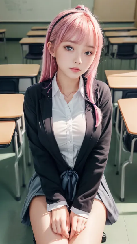 18-year-old、beautiful high school girl、whole body、8 heads and bodies、perfect style、(((Classroom during class)))、(((school uniform、blazer、shirt、skirt、Lap above)))、((semi-long、pink hair two side up、black string ribbon))、(cleavage)、(sit down:1.4、Panty shot:1....